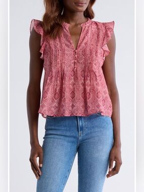 PAIGE Idris Cotton Silk Ruffle Top Size S Red Boho Sleeveless NWOT